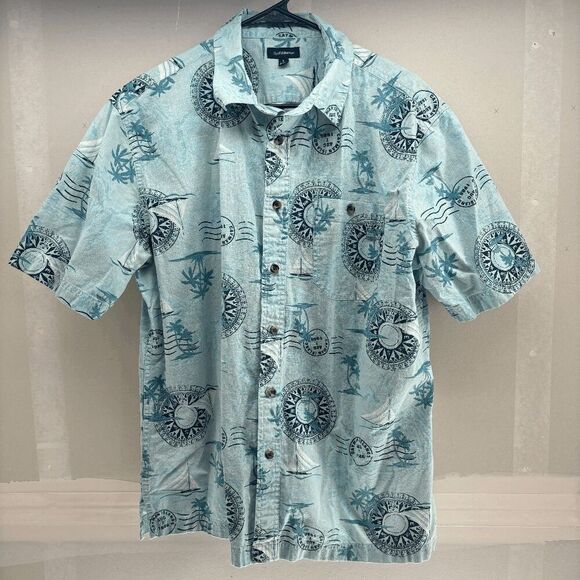 Mens Hawaiian Large Palm Trees Compass Short Sleeve Button Up Casual Shirt - Picture 1 of 4